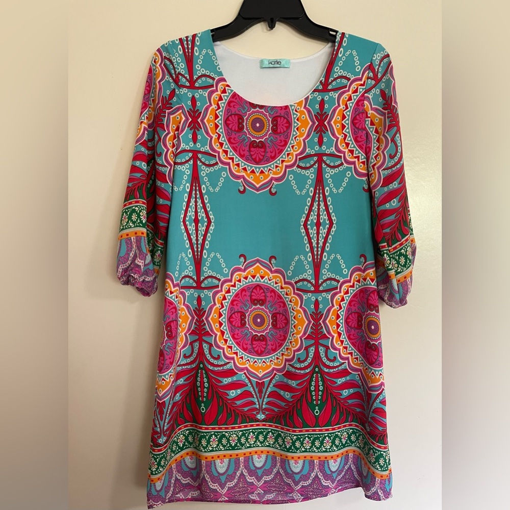 Karlie Lined Sheath Tunic Midi Dress Multi Color Floral Geometric 3/4 Sleeve SzS